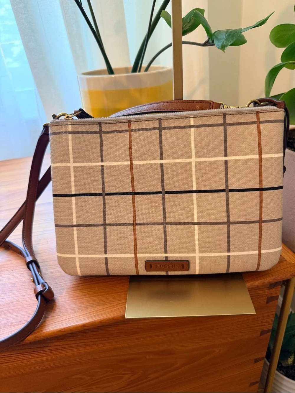 Fossil Devon Greige and Brown Plaid Crossbody Bag with Key Charm